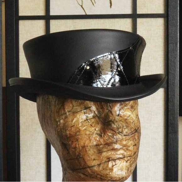 🖤 UNIQUE Short Leather Top Hat asymmetrical design. Size Medium 22 1/4” Head. - Picture 2 of 3